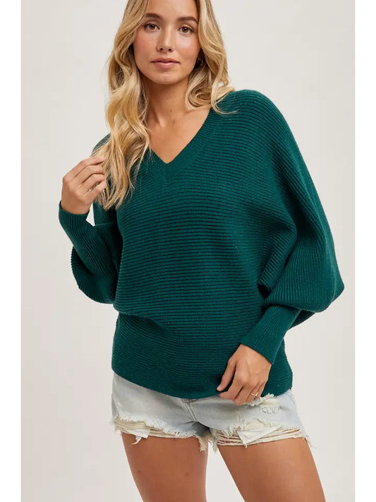 Bluivy Dolman Sleeved V-Neck Sweater - Hunter Green