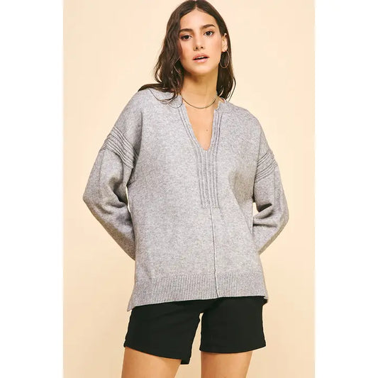 Pinch Open V-Neck Sweater - Heather Grey