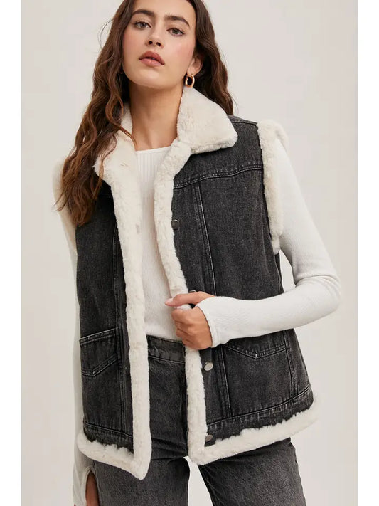 Bluivy Faux Fur Inner Trimmed Denim Vest