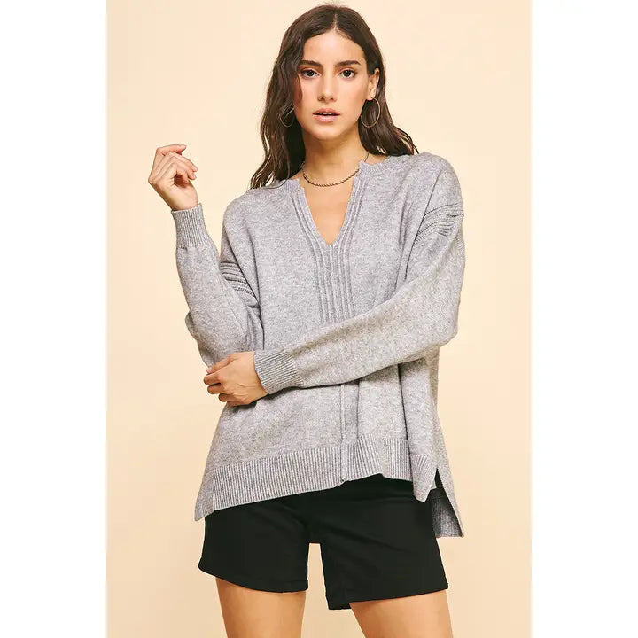 Pinch Open V-Neck Sweater - Heather Grey