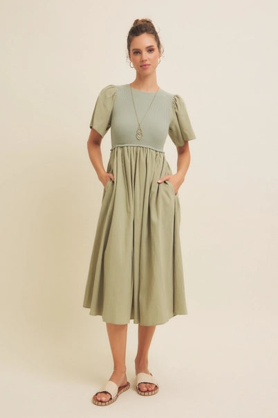 In February Rib Sweater Top Midi Dress - Sage