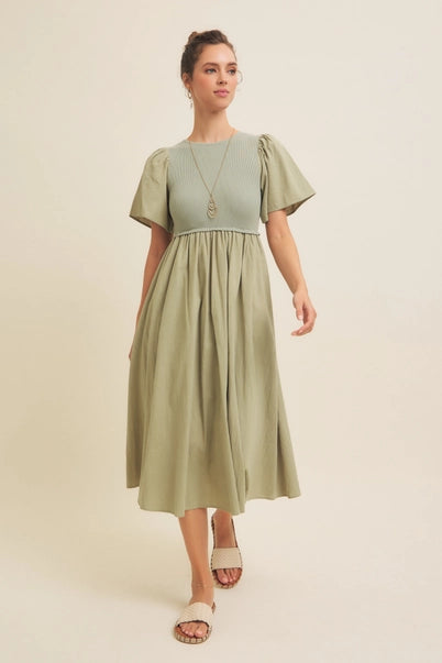 In February Rib Sweater Top Midi Dress - Sage