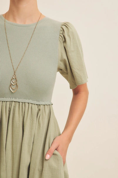 In February Rib Sweater Top Midi Dress - Sage