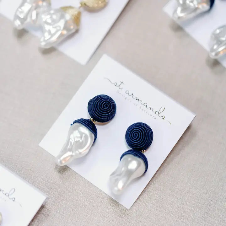 Navy Natural Pearl Statement Drop Earrings