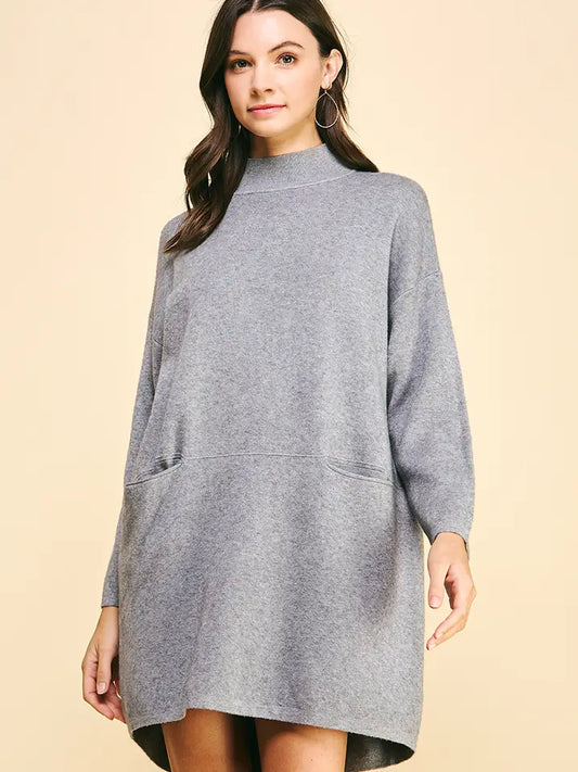 Pinch Mock Neck Front Pocket Sweater Dress - Grey