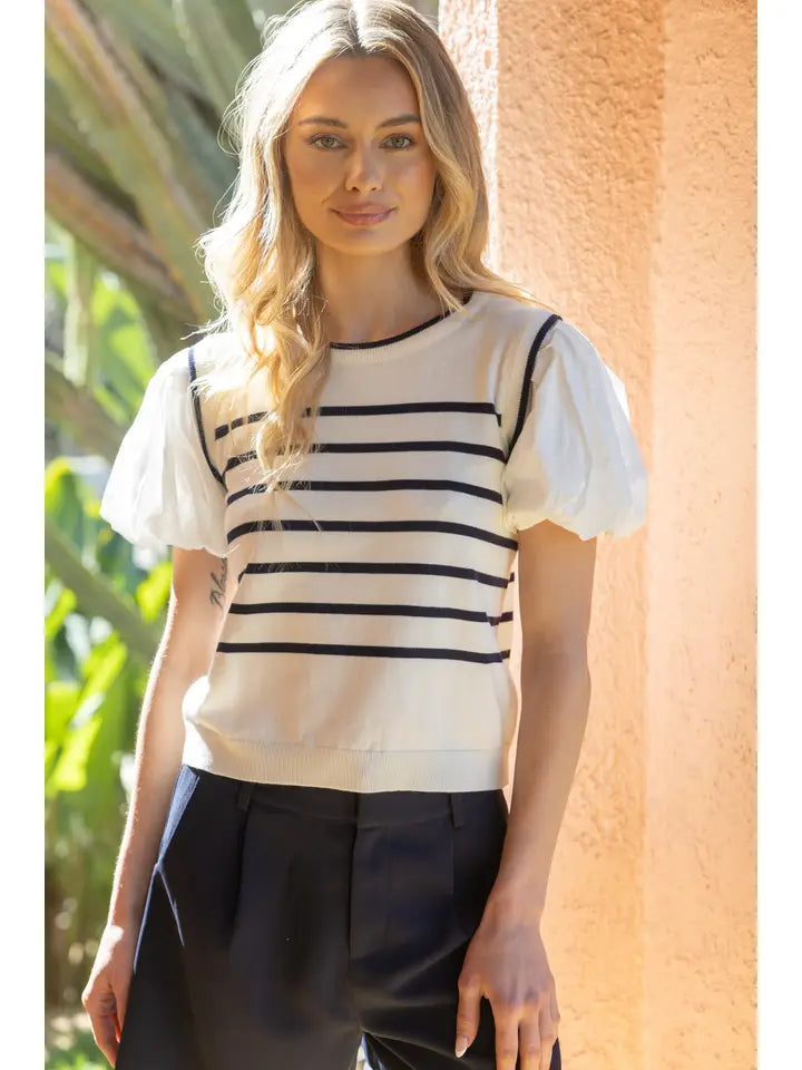 Voy Pleated Puff Sleeve Striped Knit Top