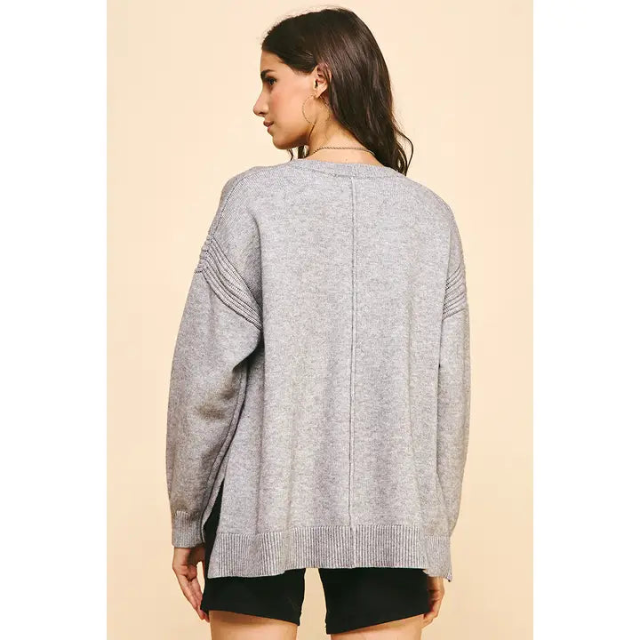 Pinch Open V-Neck Sweater - Heather Grey