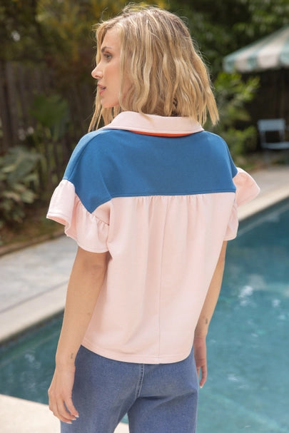 Voy Color Block French Terry Ruffle Top